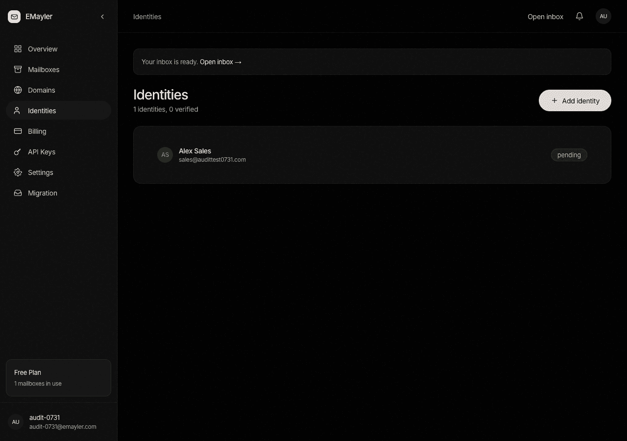The identities view with verified and pending badges