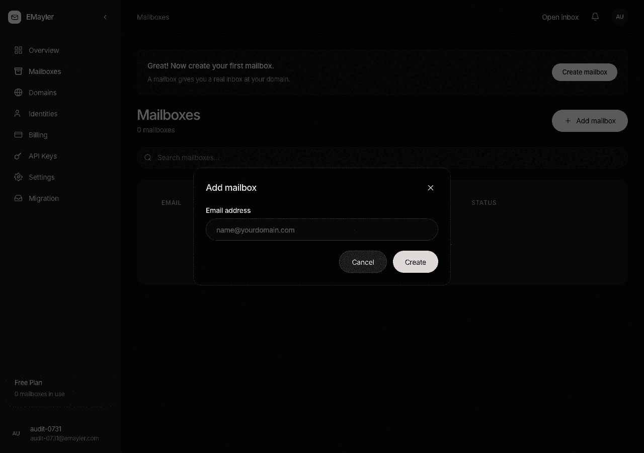 Create mailbox dialog
