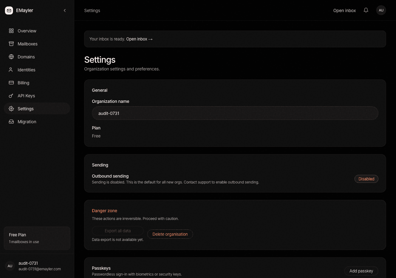 The Settings tab showing organisation name and sending status
