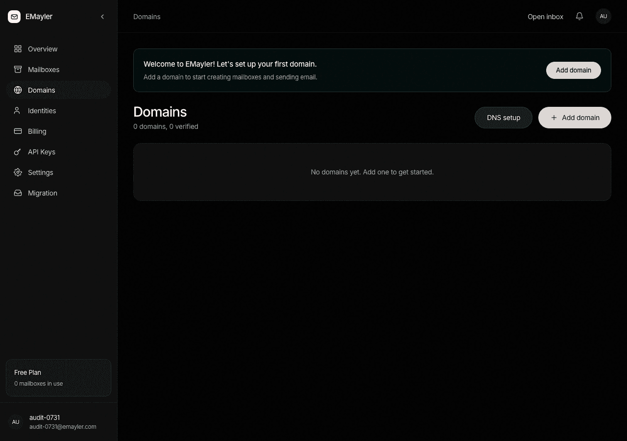 The Domains tab with the add domain button