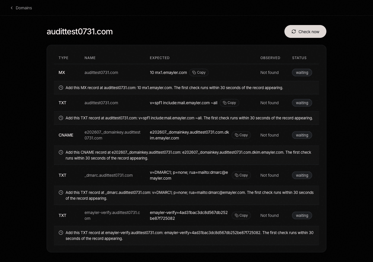 Per-domain DNS detail page